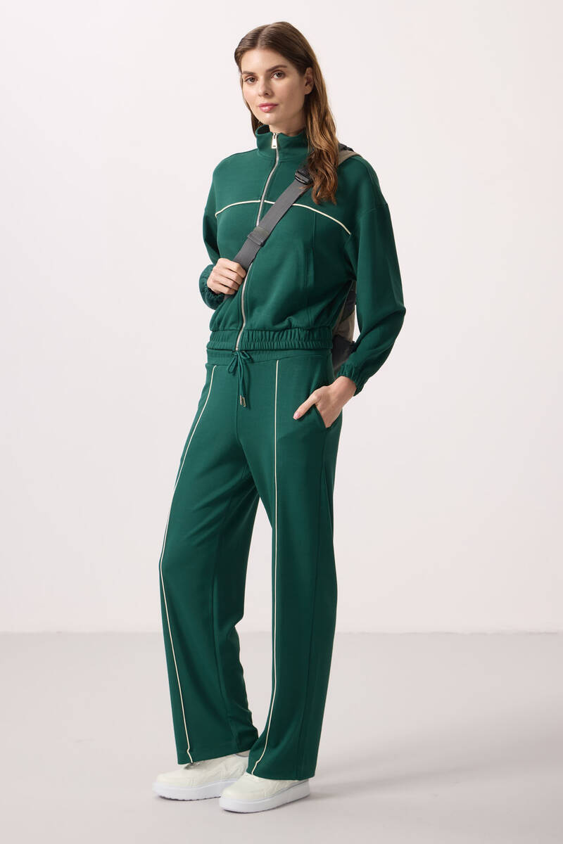 TOMMYLIFE - Tommylife Toptan Yumuşak Dokulu Dik Yaka Oversize Lastikli Kadın Eşofman Takım - 95349 Yeşil
