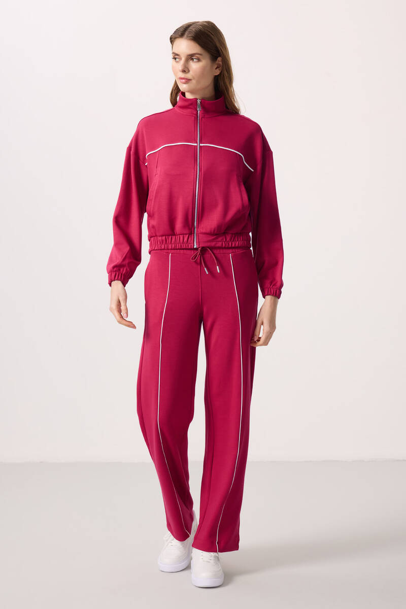 TOMMYLIFE - Tommylife Toptan Yumuşak Dokulu Dik Yaka Oversize Lastikli Kadın Eşofman Takım - 95349 Viva Kırmızı