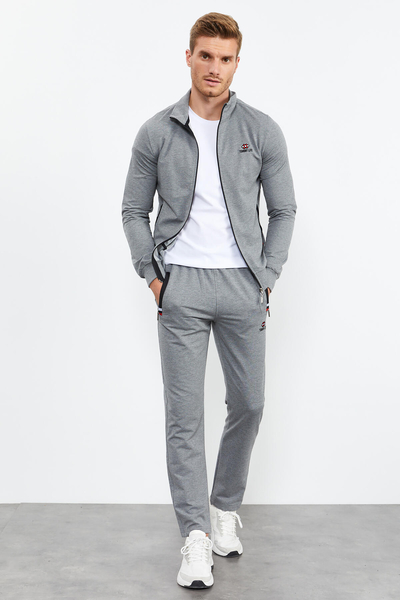 TOMMYLIFE - Tommylife Toptan Gri Melanj Dik Yaka Fermuarlı Rahat Form Klasik Paça Erkek Eşofman Takımı - 85072