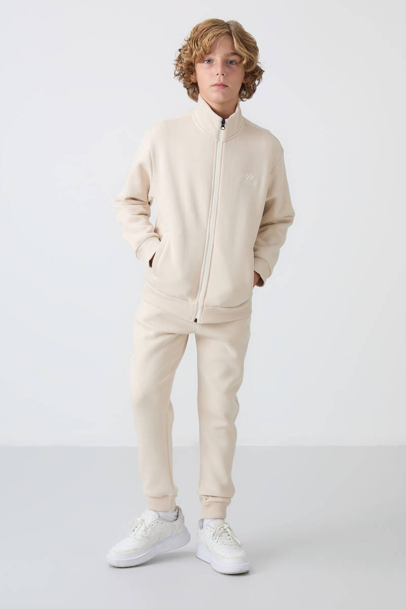 TOMMYLIFE - Tommylife Wholesale 7-15 Age Stand Collar Boys' Tracksuit Set 11256 Beige