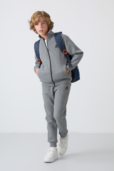 Tommylife Toptan 7-15 Yaş Dik Yaka Erkek Çocuk Eşofman Takımı 11256 Gri Melanj