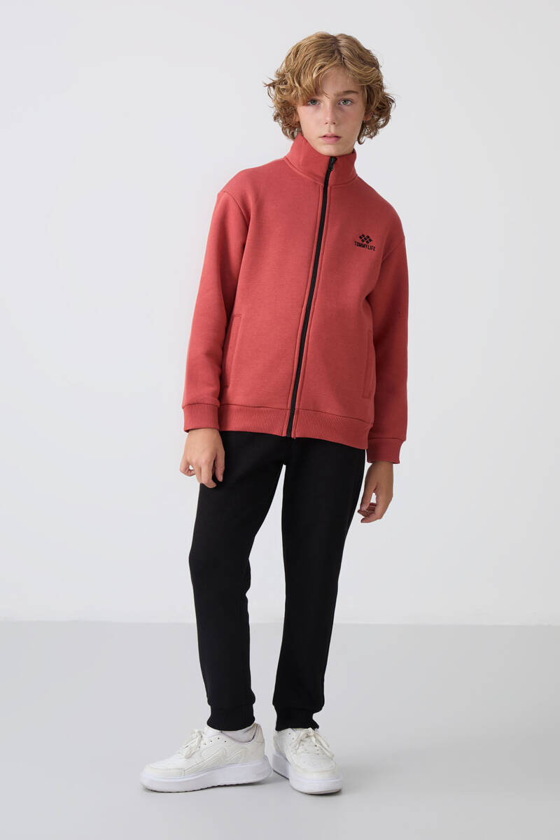 TommyLife - Tommylife Wholesale 7-15 Age Stand Collar Boys' Tracksuit Set 11256 Terracotta - Black