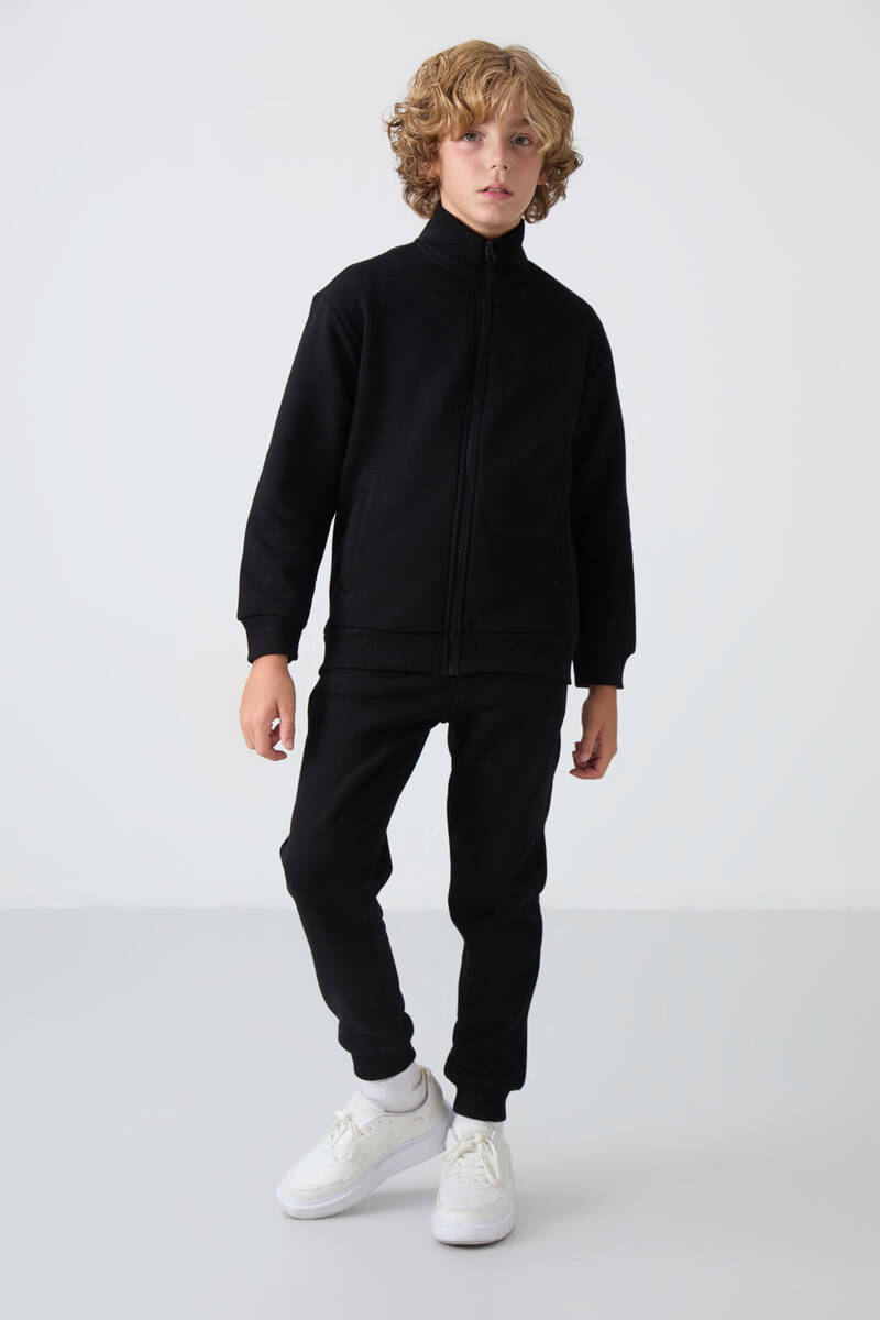 TOMMYLIFE - Tommylife Wholesale 7-15 Age Stand Collar Boys' Tracksuit Set 11256 Black