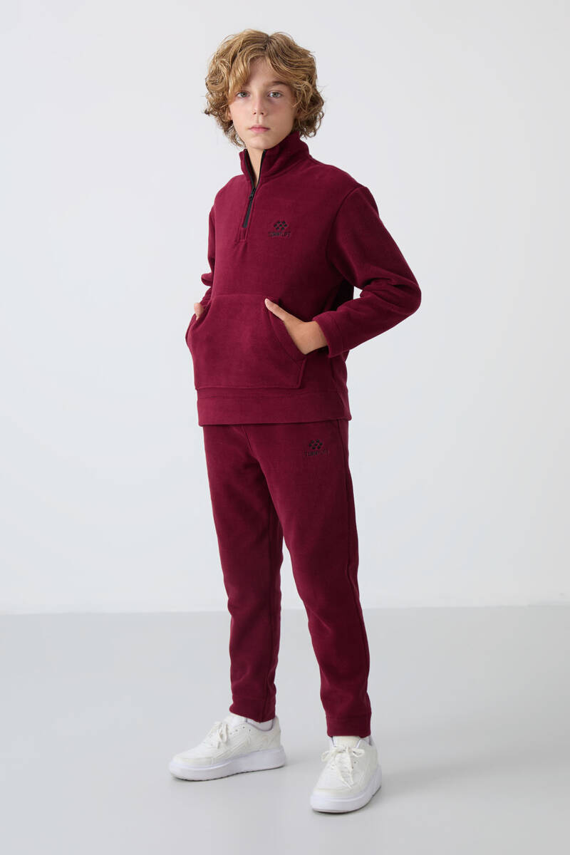 TommyLife - Tommylife Wholesale 7-15 Age Stand Collar Boys' Fleece Tracksuit Set 11218 Bordeaux