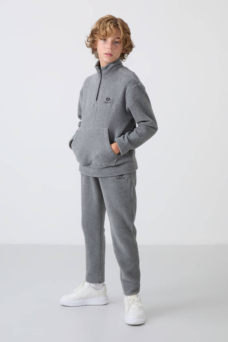 TommyLife - Tommylife Wholesale 7-15 Age Stand Collar Boys' Fleece Tracksuit Set 11218 Gray Melange