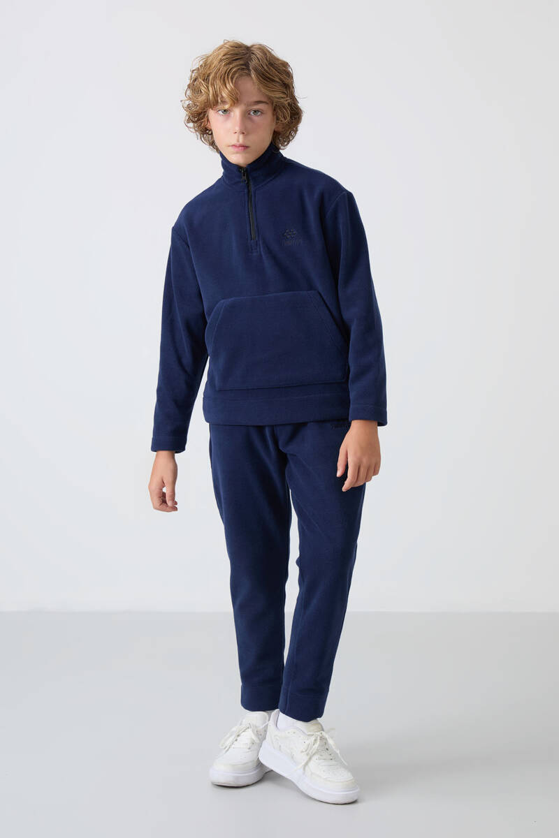 TommyLife - Tommylife Wholesale 7-15 Age Stand Collar Boys' Fleece Tracksuit Set 11218 Navy Blue
