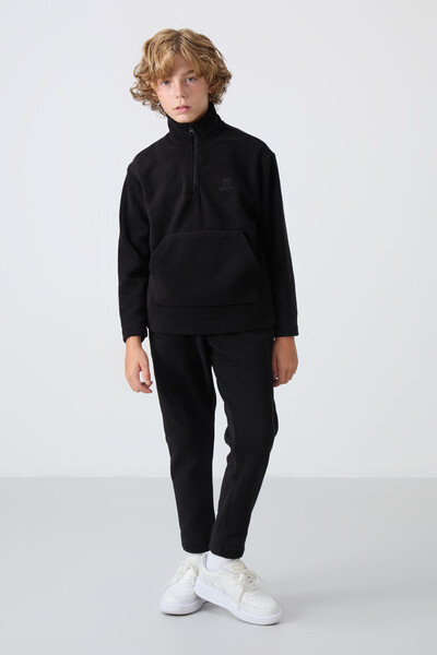 TommyLife - Tommylife Wholesale 7-15 Age Stand Collar Boys' Fleece Tracksuit Set 11218 Black TommyLife - Tommylife Wholesale 7-15 Age Stand Collar Boys' Fleece Tracksuit Set 11218 Black