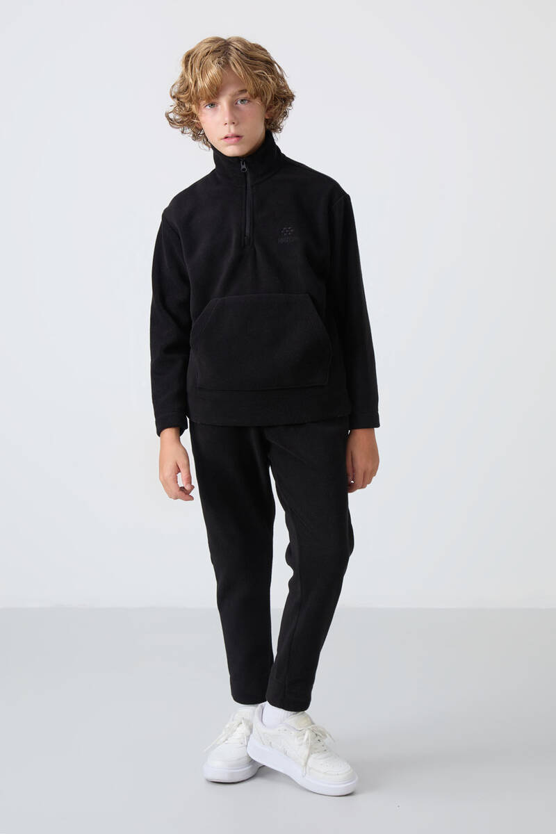 TommyLife - Tommylife Wholesale 7-15 Age Stand Collar Boys' Fleece Tracksuit Set 11218 Black