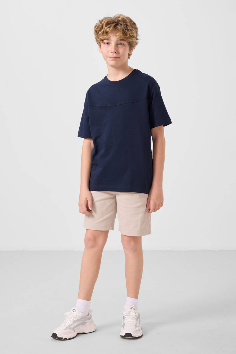 TOMMYLIFE - Tommylife Toptan Pamuklu Oversize Fit Dokuma Hafif Esnek Chino Erkek Çocuk Şort Takım 11279 Lacivert-Taş 