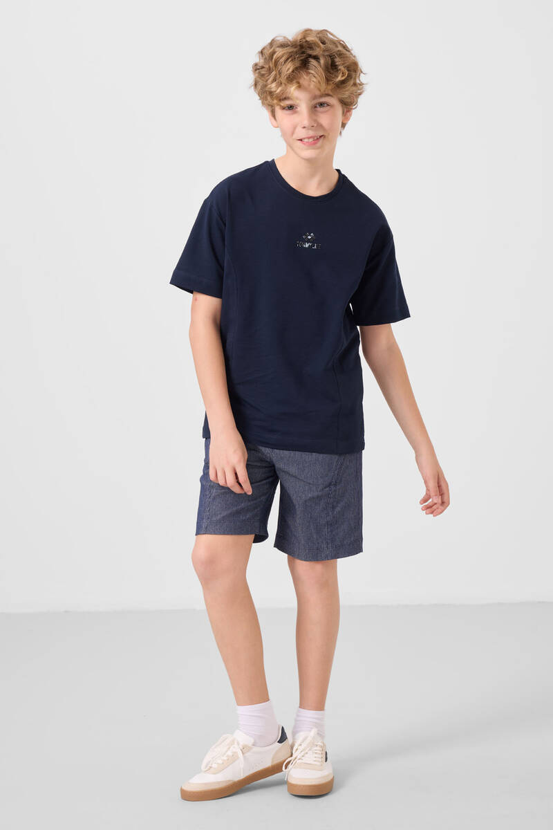 TOMMYLIFE - Tommylife Toptan Pamuklu Oversize Fit Dokuma Hafif Esnek Chino Erkek Çocuk Şort Takım 11276 Lacivert-Kot Lacivert