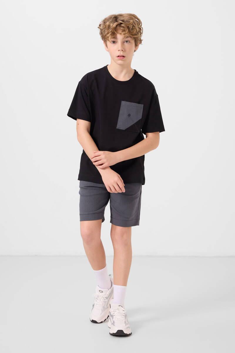 TOMMYLIFE - Tommylife Toptan Pamuklu Oversize Fit Dokuma Hafif Esnek Chino Erkek Çocuk Şort Takım 11278 Siyah-Gri