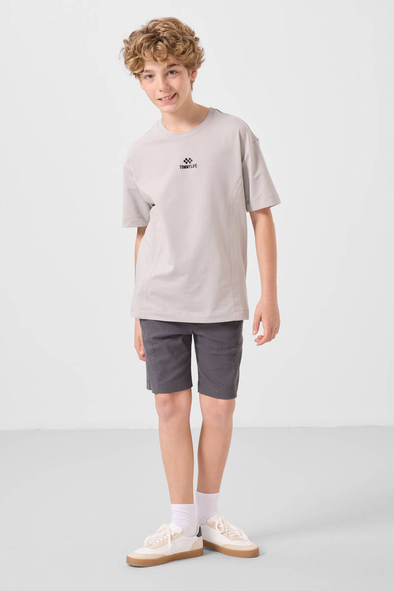 TOMMYLIFE - Tommylife Toptan Pamuklu Oversize Fit Dokuma Hafif Esnek Chino Erkek Çocuk Şort Takım 11276 Taş-Antrasit