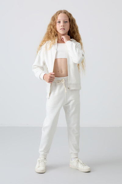 TOMMYLIFE - Tommylife Wholesale 3-9 Age Hooded Standard Fit Girls Tracksuit Set 75148 Ecru TOMMYLIFE - Tommylife Wholesale 3-9 Age Hooded Standard Fit Girls Tracksuit Set 75148 Ecru