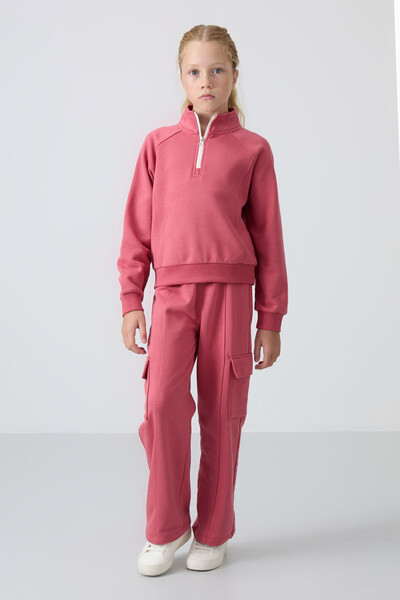TOMMYLIFE - Tommylife Wholesale 7-15 Age Stand Collar Standard Fit Girls Tracksuit Set 75159 Wild Rose TOMMYLIFE - Tommylife Wholesale 7-15 Age Stand Collar Standard Fit Girls Tracksuit Set 75159 Wild Rose