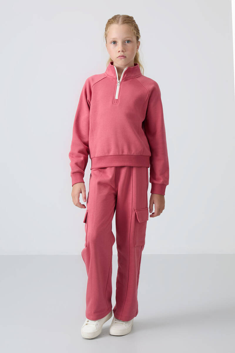 TOMMYLIFE - Tommylife Wholesale 7-15 Age Stand Collar Standard Fit Girls Tracksuit Set 75159 Wild Rose TOMMYLIFE - Tommylife Wholesale 7-15 Age Stand Collar Standard Fit Girls Tracksuit Set 75159 Wild Rose