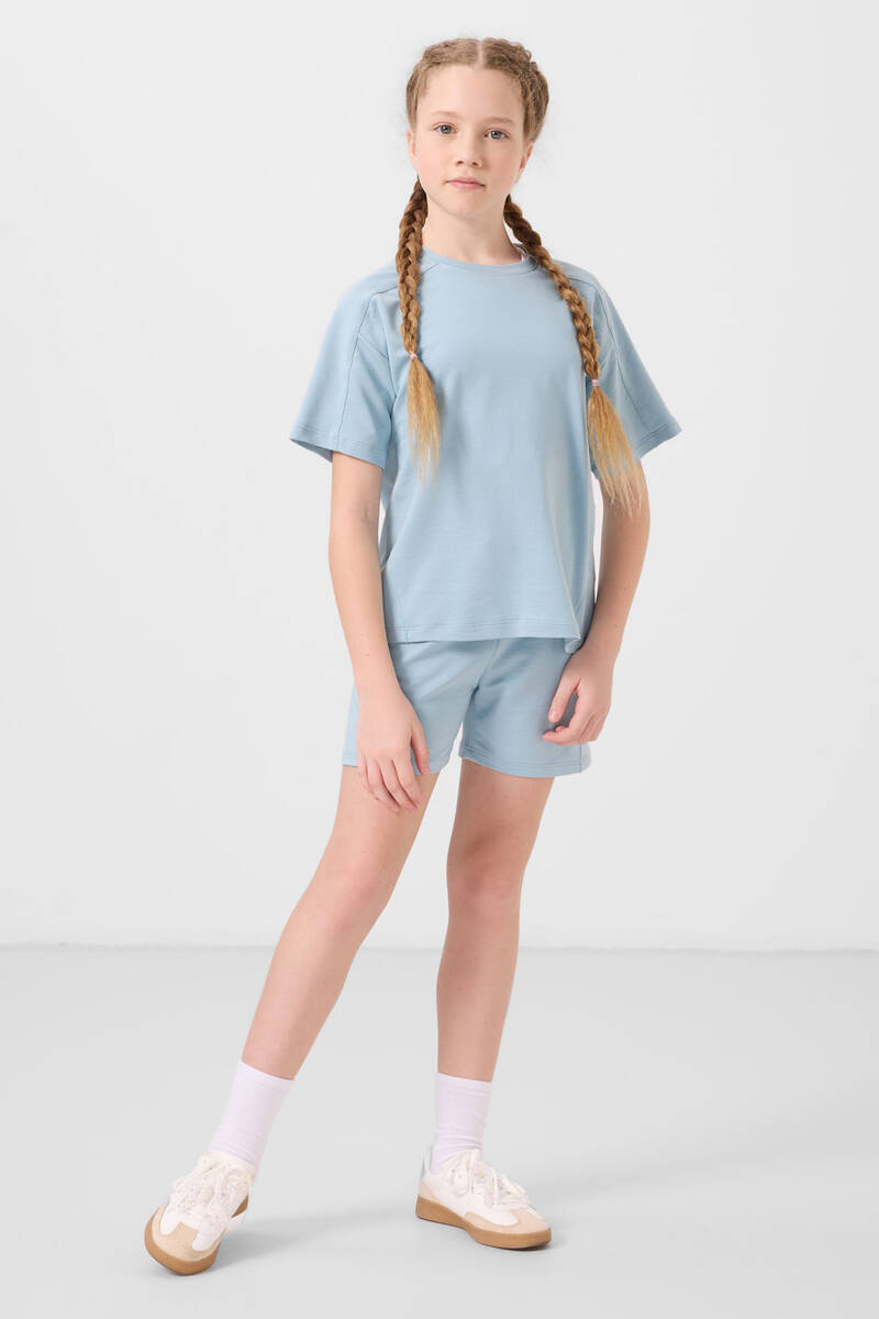 TOMMYLIFE - Tommylife Toptan Pamuklu Yumuşak Dokulu Standart Fit Basic Kız Çocuk Şort Takım 75184 Açık Mavi
