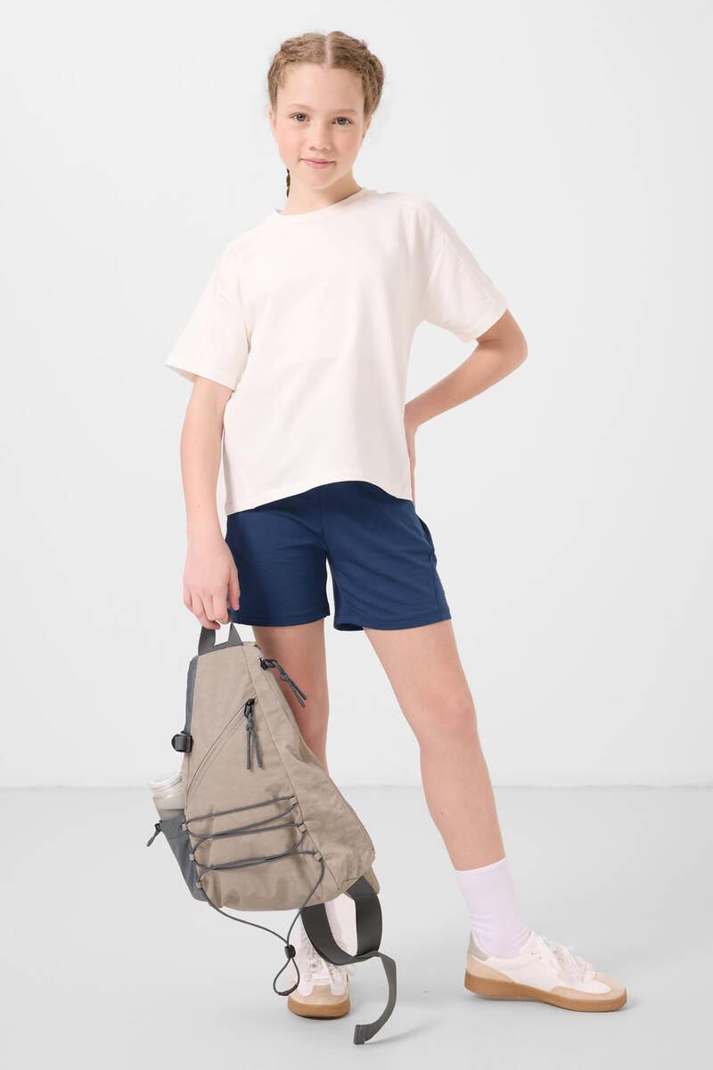 TOMMYLIFE - Tommylife Toptan Pamuklu Yumuşak Dokulu Standart Fit Basic Kız Çocuk Şort Takım 75184 Ekru Parlament