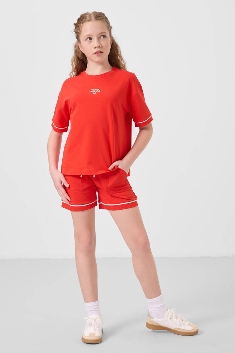 TOMMYLIFE - Tommylife Toptan Pamuklu Yumuşak Dokulu Standart Fit Basic Kız Çocuk Şort Takım 75183 Fiesta