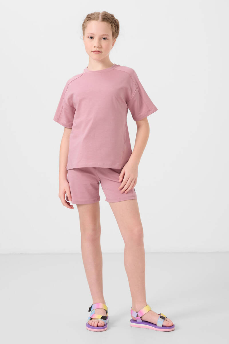 TOMMYLIFE - Tommylife Toptan Pamuklu Yumuşak Dokulu Standart Fit Basic Kız Çocuk Şort Takım 75184 Gül Kurusu