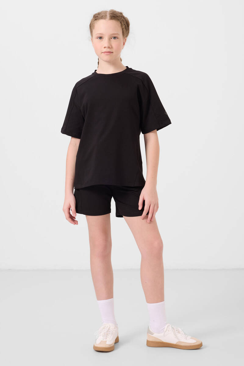 TOMMYLIFE - Tommylife Toptan Pamuklu Yumuşak Dokulu Standart Fit Basic Kız Çocuk Şort Takım 75184 Siyah