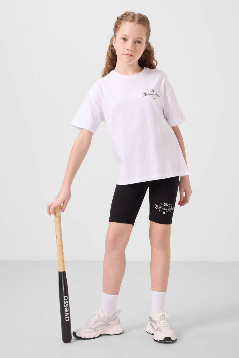 TOMMYLIFE - Tommylife Toptan Pamuklu O Yaka Standart Fit Baskılı Kız Çocuk Tayt Takım 75190 Beyaz Siyah