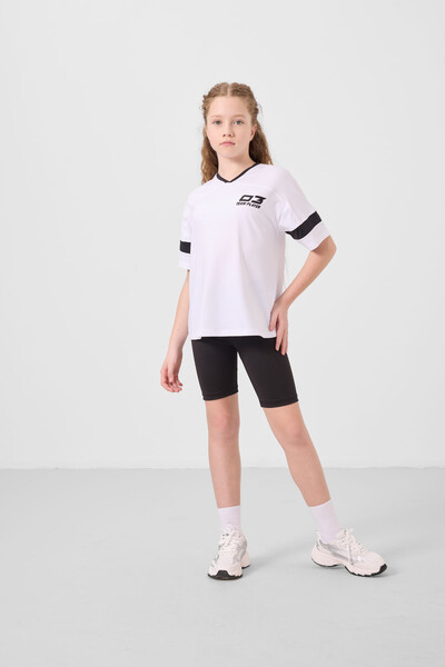 TOMMYLIFE - Tommylife Toptan V Yaka Kemer Detaylı Standart Fit Performans Kız Çocuk Tayt Takım 75187 Beyaz Siyah TOMMYLIFE - Tommylife Toptan V Yaka Kemer Detaylı Standart Fit Performans Kız Çocuk Tayt Takım 75187 Beyaz Siyah