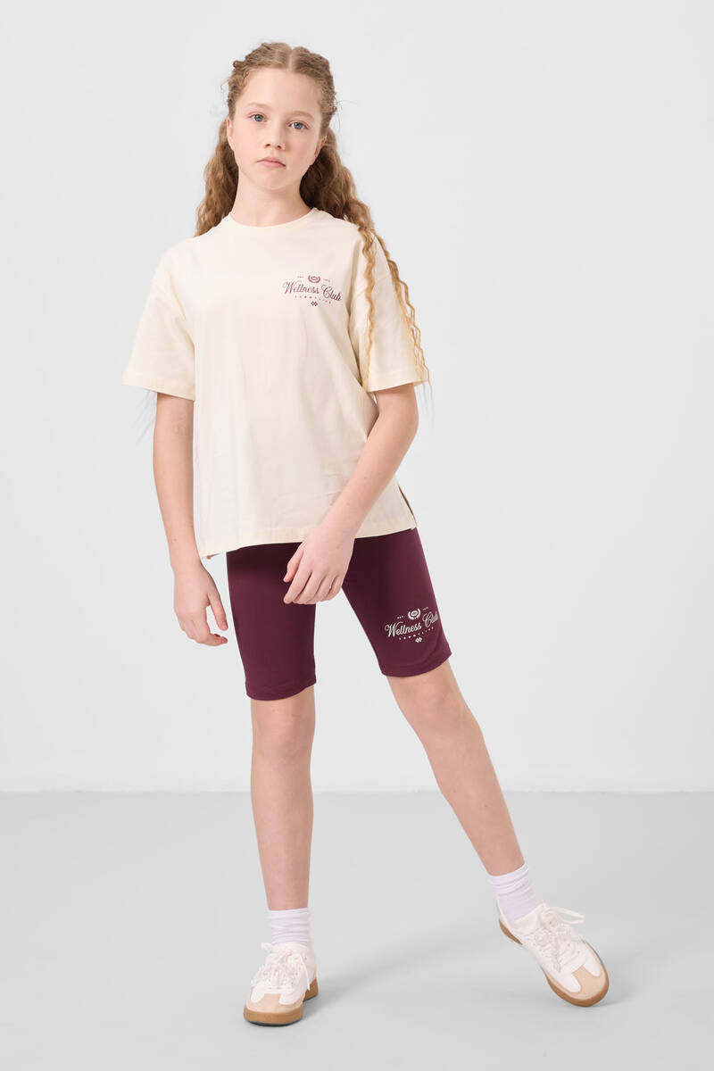 TOMMYLIFE - Tommylife Toptan Pamuklu O Yaka Standart Fit Baskılı Kız Çocuk Tayt Takım 75190 Ekru Bordo