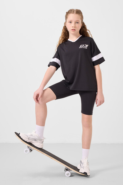 TOMMYLIFE - Tommylife Toptan V Yaka Kemer Detaylı Standart Fit Performans Kız Çocuk Tayt Takım 75187 Siyah TOMMYLIFE - Tommylife Toptan V Yaka Kemer Detaylı Standart Fit Performans Kız Çocuk Tayt Takım 75187 Siyah