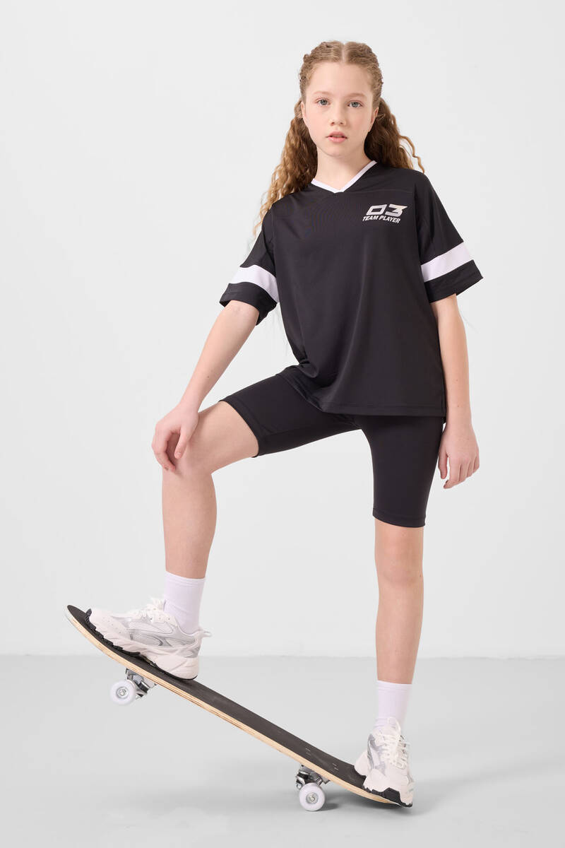 TOMMYLIFE - Tommylife Toptan V Yaka Kemer Detaylı Standart Fit Performans Kız Çocuk Tayt Takım 75187 Siyah