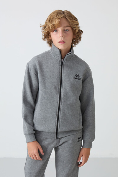 Tommylife Toptan 7-15 Yaş Dik Yaka Erkek Çocuk Eşofman Takımı 11256 Gri Melanj - 3