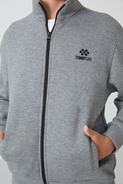 Tommylife Toptan 7-15 Yaş Dik Yaka Erkek Çocuk Eşofman Takımı 11256 Gri Melanj - 9