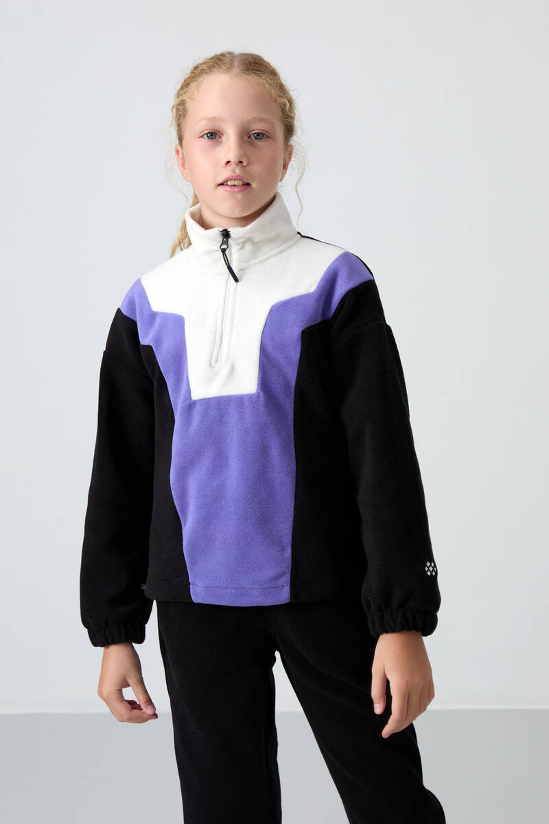 TOMMYLIFE - Tommylife Toptan 7-15 Yaş Dik Yaka Standart Kalıp Kız Çocuk Polar Sweatshirt 75153 Siyah