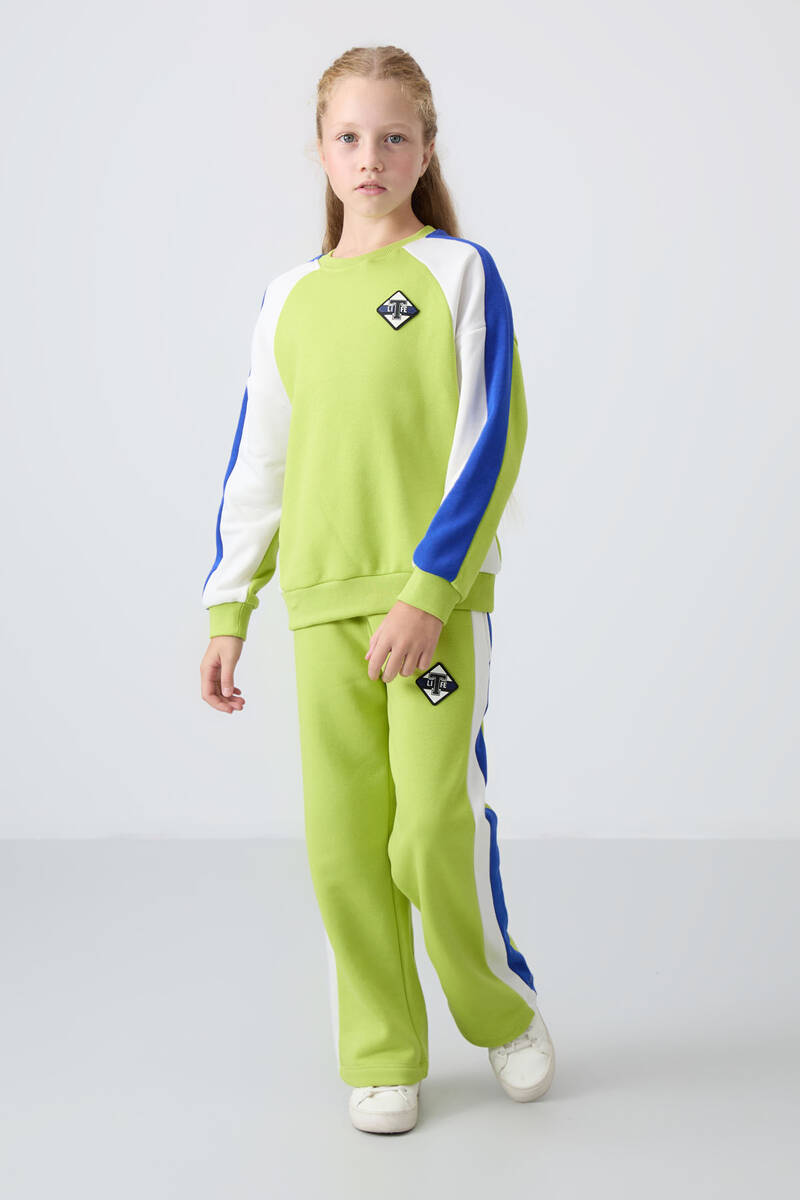 TommyLife - Tommylife Toptan 7-15 Yaş O Yaka Standart Kalıp Kız Çocuk Eşofman Takımı 75165 Lime Yeşil