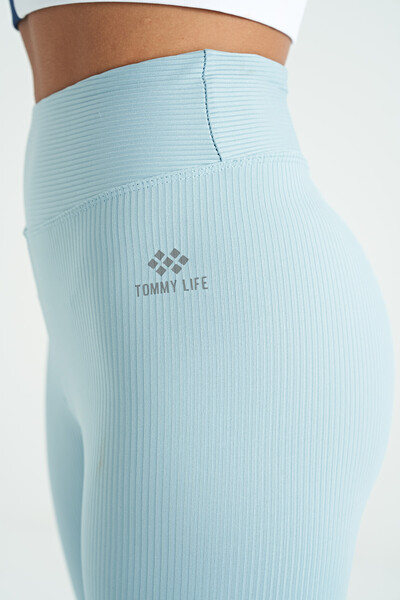 Tommylife Toptan Açık Mavi Logo Baskılı Yüksek Bel Slim Fit Fitilli Kadın Tayt - 94642 - Thumbnail