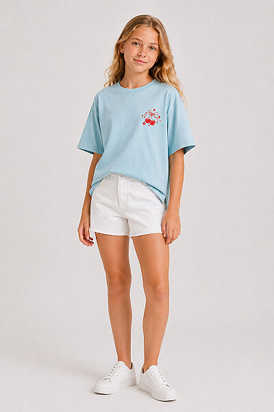 Tommylife Toptan Açık Mavi Oversize Kısa Kollu Baskılı Kız Çocuk T-Shirt - 75176
