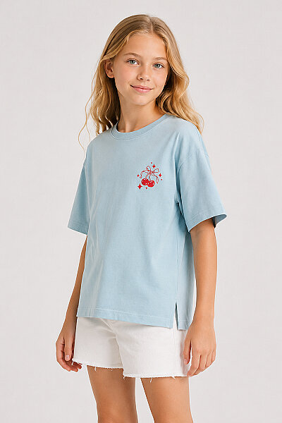 Tommylife Toptan Açık Mavi Oversize Kısa Kollu Baskılı Kız Çocuk T-Shirt - 75176 - 2
