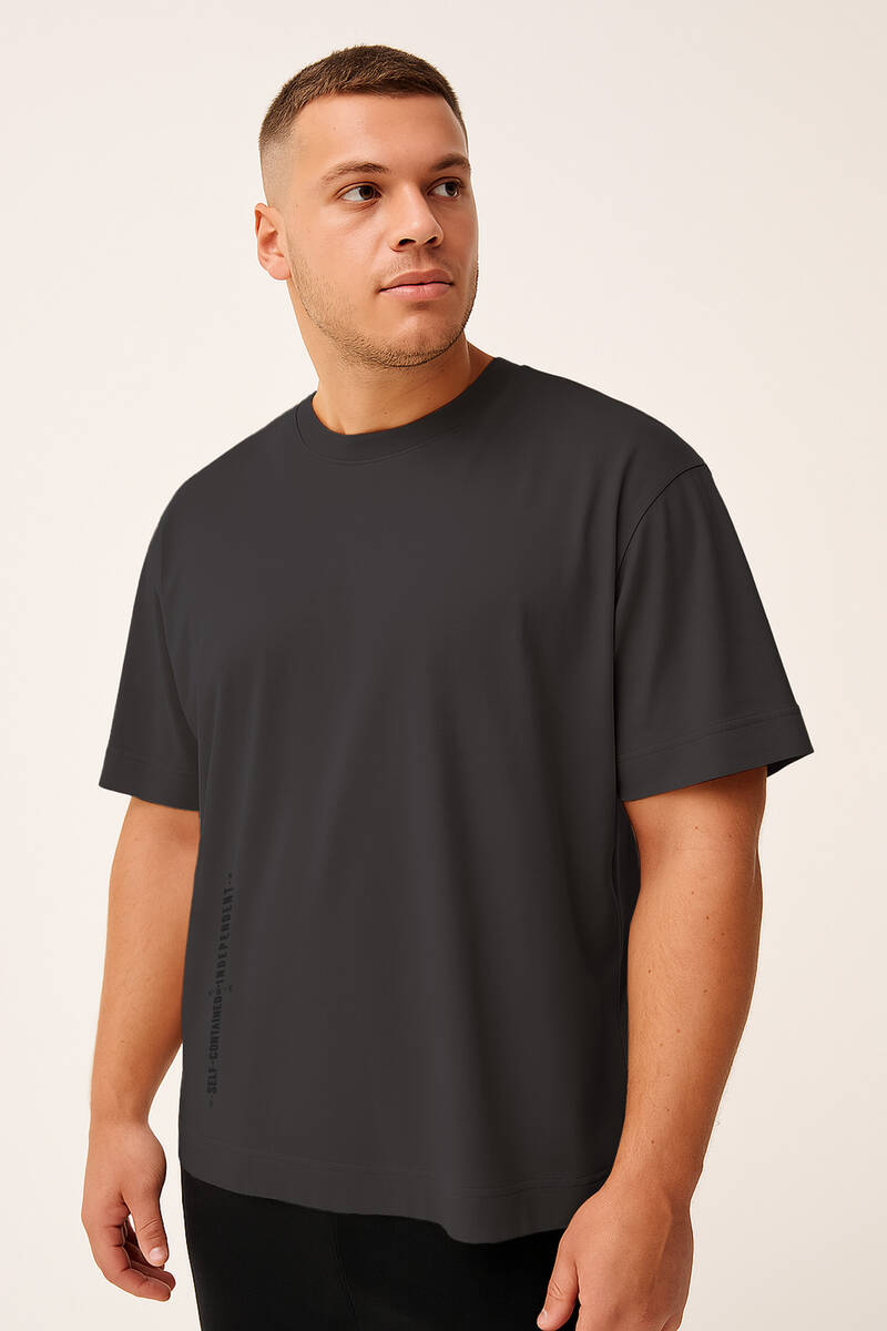 TOMMYLIFE - Tommylife Toptan Antrasit Baskılı O Yaka Rahat Form Battal Büyük Beden Erkek T-Shirt - 88472