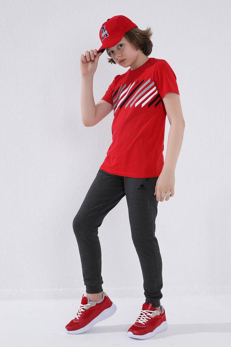 TOMMYLIFE - Tommylife Toptan Antrasit Melanj Erkek Çocuk Jogger Fermuarlı Cep Standart Kalıp Manşetli Eşofman Alt - 64042