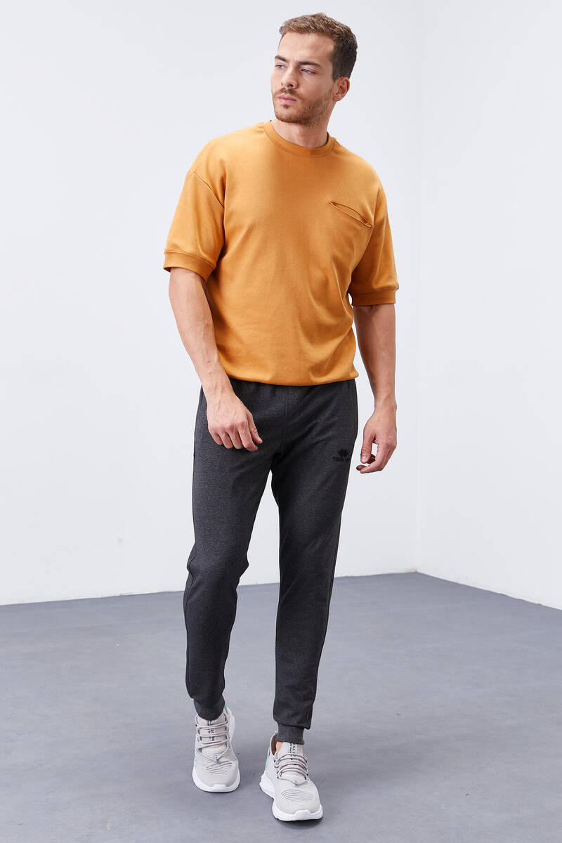 TOMMYLIFE - Tommylife Toptan Antrasit Melanj Fermuar Cepli Dar Kalıp Jogger Erkek Eşofman Alt - 84343