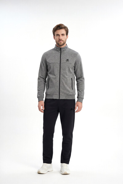 TOMMYLIFE - Tommylife Toptan Antrasit Melanj - Siyah Dik Yaka Klasik Paça Büyük Beden Erkek Eşofman Takım - 85176