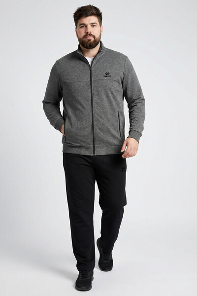 TOMMYLIFE - Tommylife Toptan Antrasit Melanj - Siyah Dik Yaka Klasik Paça Büyük Beden Erkek Eşofman Takım - 85176