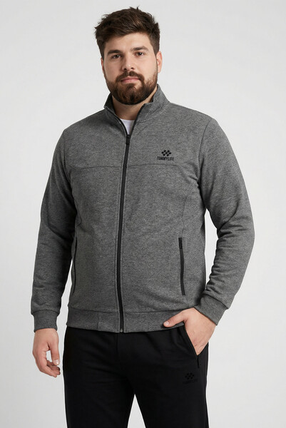 Tommylife Toptan Antrasit Melanj - Siyah Dik Yaka Klasik Paça Büyük Beden Erkek Eşofman Takım - 85176 - Thumbnail