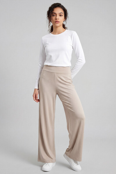 Tommylife Toptan Bej Comfort Fit Geniş Paça Korsajlı Palazzo Kadın Pantolon - 94681 - Thumbnail
