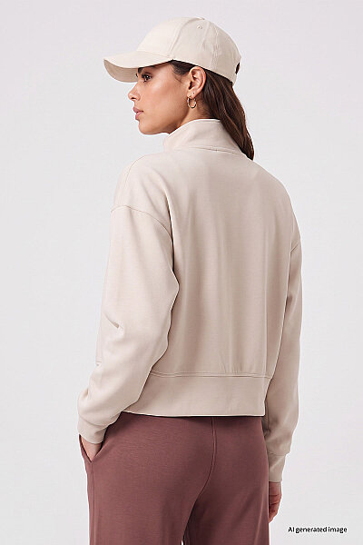 Tommylife Toptan Bej Dik Yaka Standart Kalıp Crop Kadın Sweatshirt - 97317 - 5