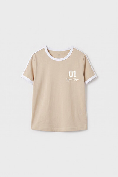 TOMMYLIFE - Tommylife Toptan Bej Omuz Biye Detaylı Baskılı Kız Çocuk T-Shirt - 75181