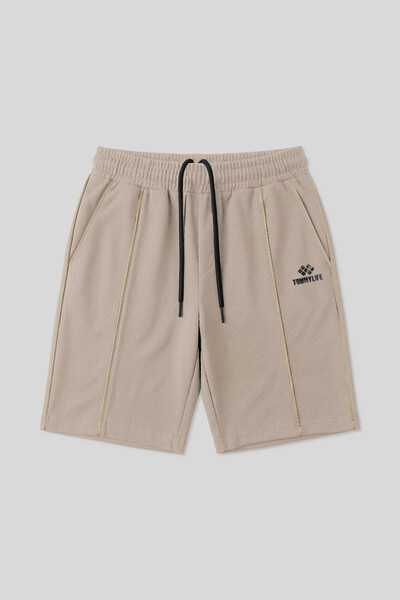 TOMMYLIFE - Tommylife Toptan Bej Oversize Fit Basic Ön Dikiş Detaylı Erkek Şort - 81283