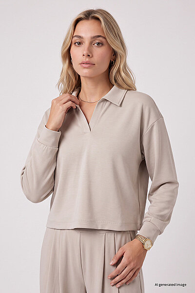 Tommylife Toptan Bej Polo Yaka Rahat Form Geniş Paça Kadın Eşofman Takım - 95358 - 4