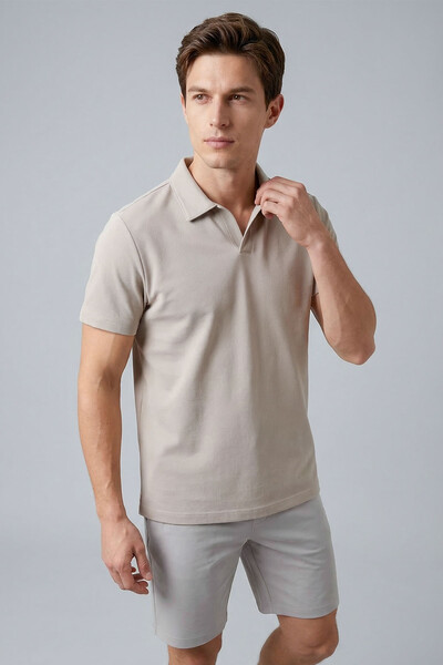 TOMMYLIFE - Tommylife Toptan Bej Rahat Form Yumuşak Dokulu Polo Yaka Erkek T-Shirt - 88496