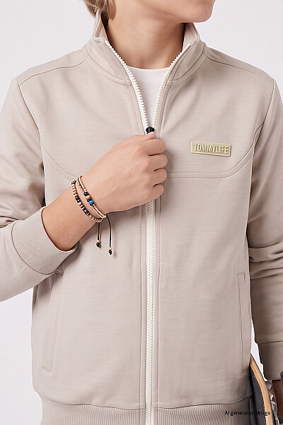 Tommylife Toptan Bej Standart Fit Basic Dik Yaka Jogger Erkek Çocuk Eşofman Takım - 11327 - 2