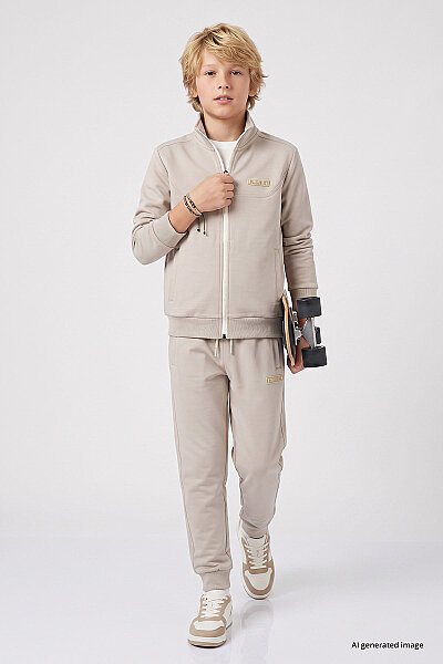Tommylife Toptan Bej Standart Fit Basic Dik Yaka Jogger Erkek Çocuk Eşofman Takım - 11327
